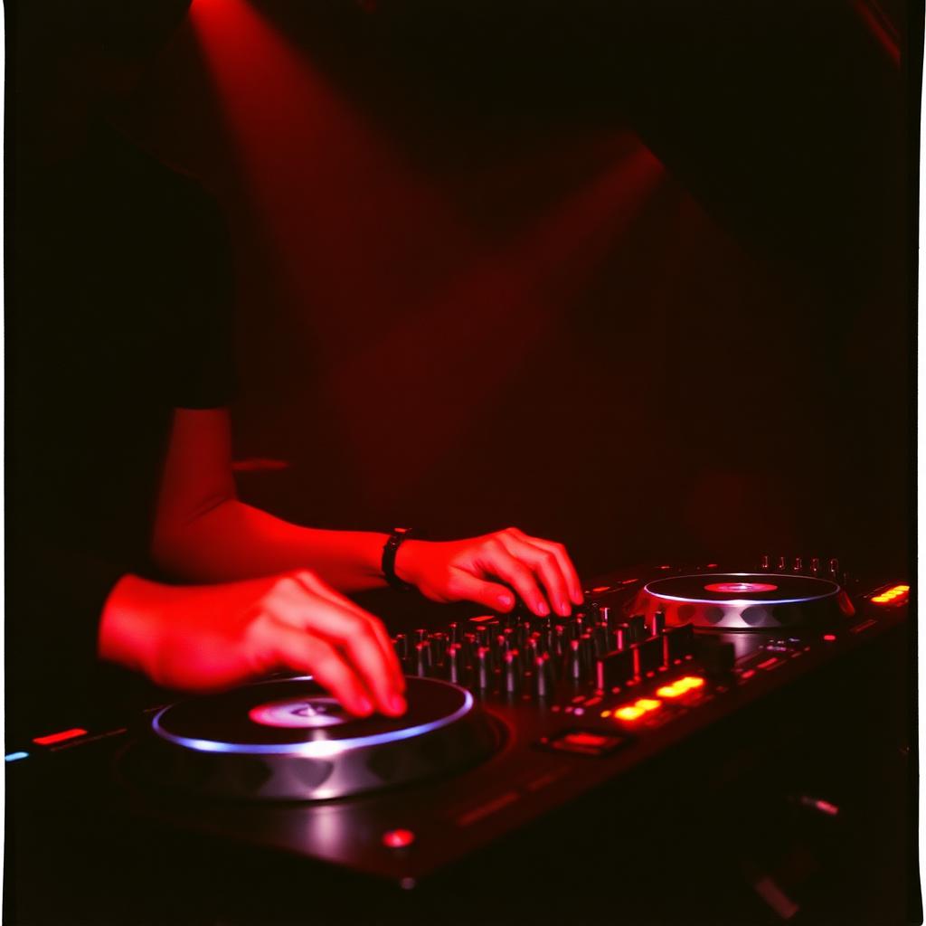 DJ hands on turntables under red light